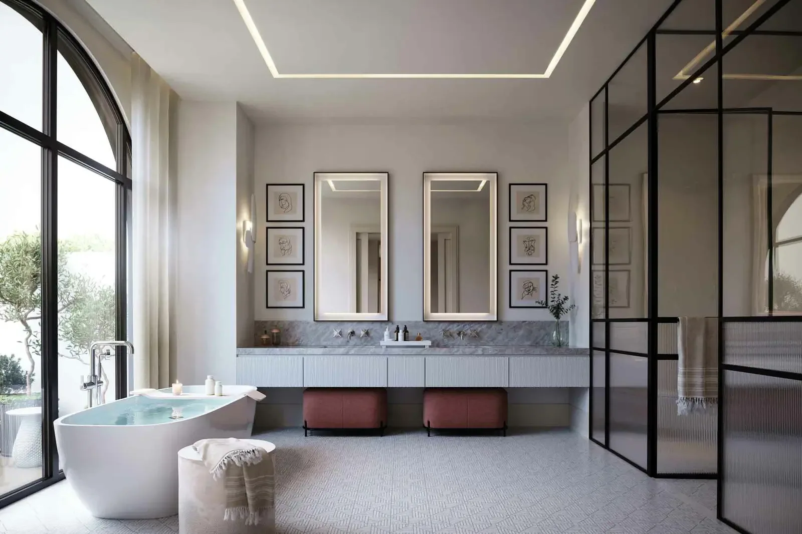 SABAH — doğal taş banyo, buharlı sıcak ışık, aydınlatmalı ayna