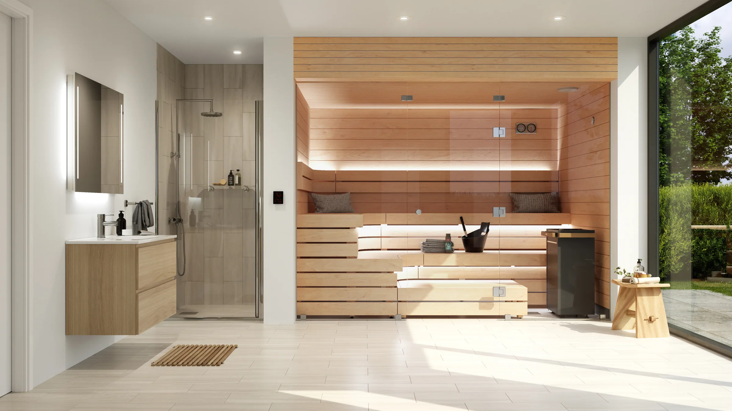 Ahşap sauna ve duş