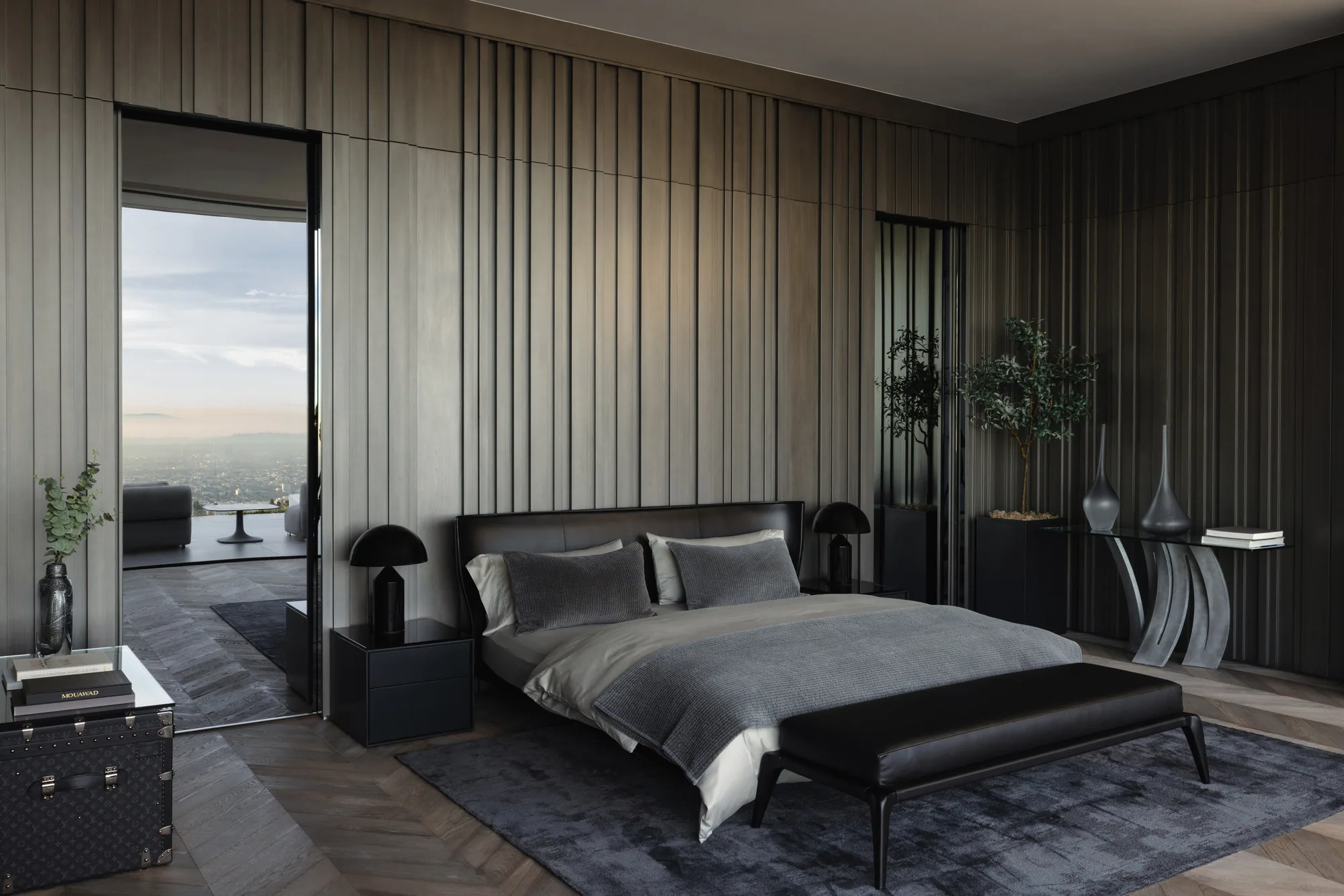 Loş yatak odası, koyu ahşap paneller, alacakaranlık — SAOTA, Helix Residence