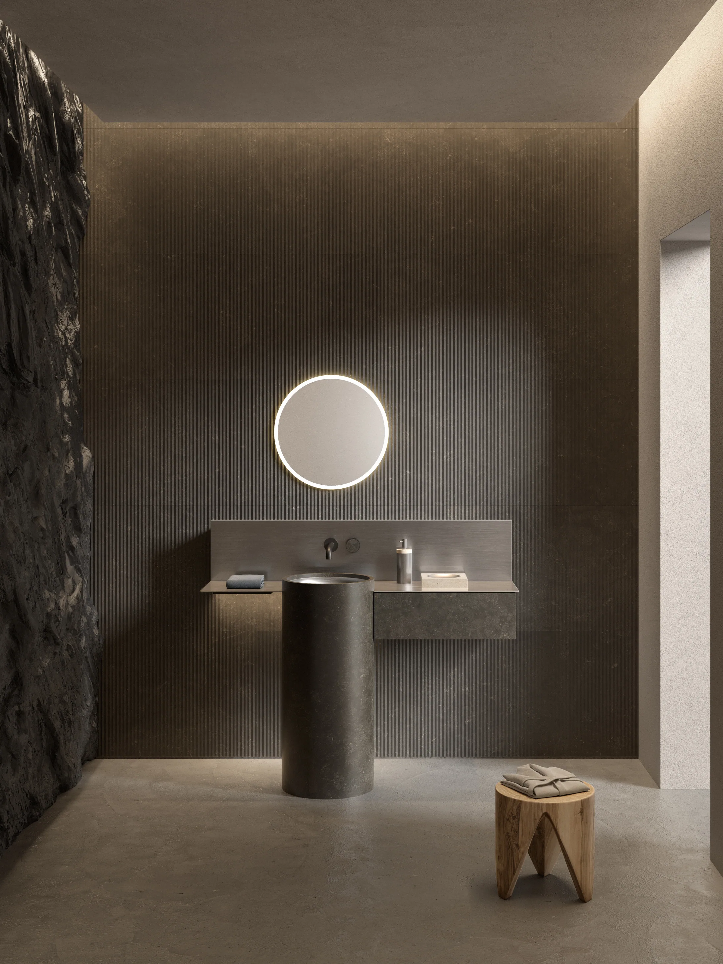 Banyo — doğal taş vanity, yuvarlak ayna — Salvatori